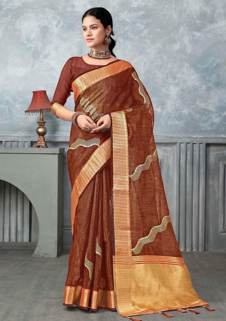 Orange Embroidered Poly Blend Sarees