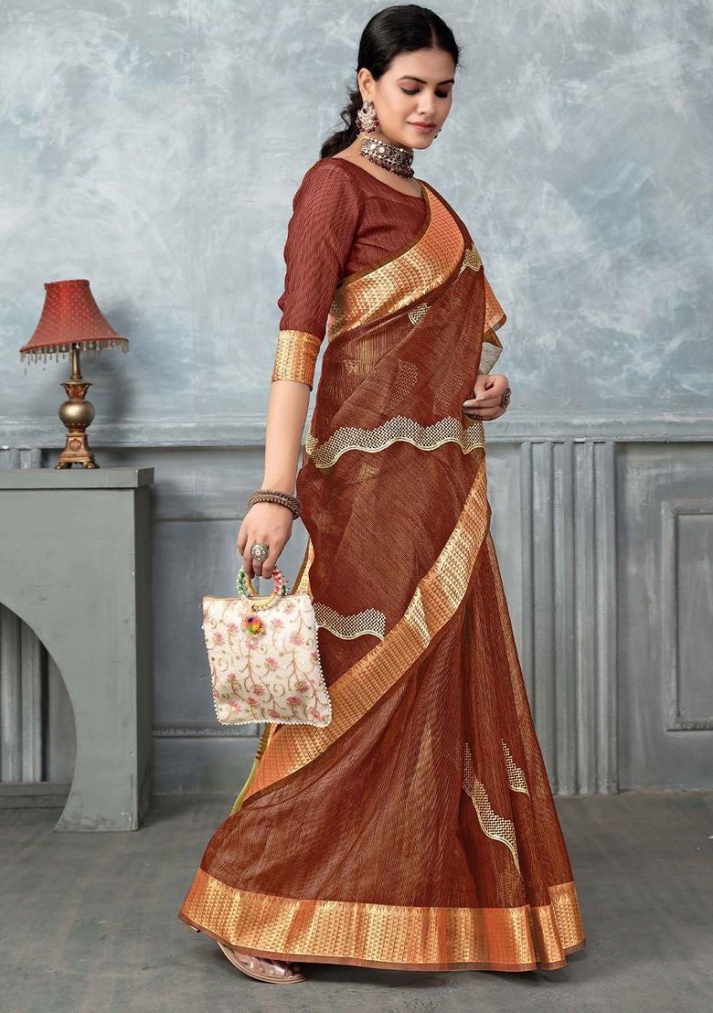 Orange Embroidered Poly Blend Sarees
