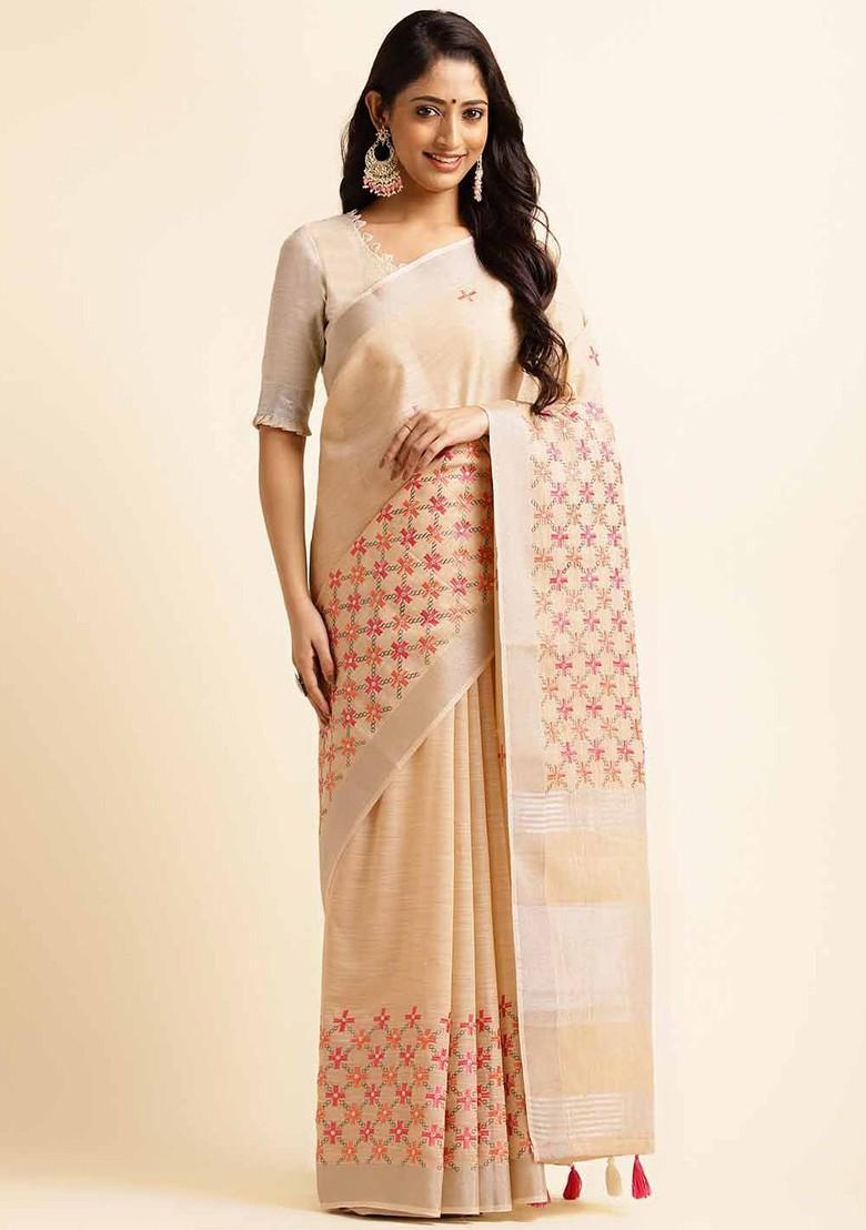 Beige Embroidered Poly Blend Sarees