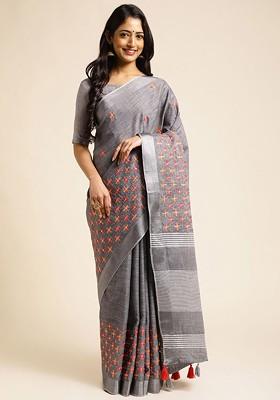 Grey Embroidered Poly Blend Sarees