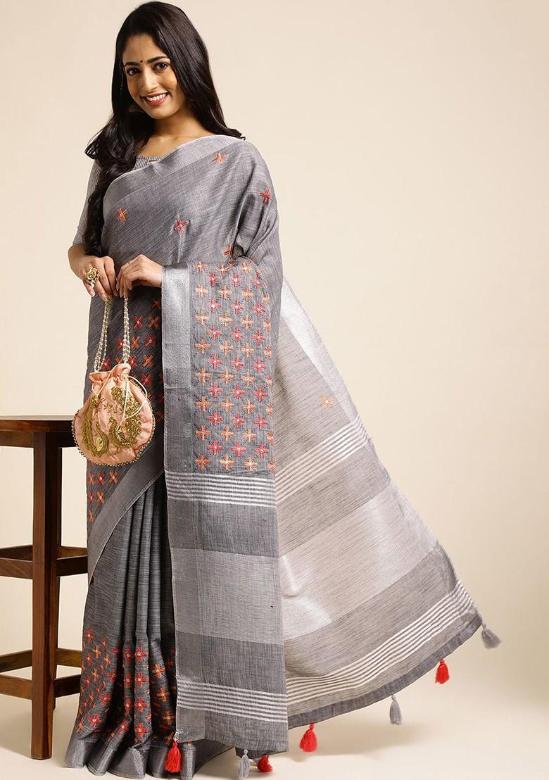 Grey Embroidered Poly Blend Sarees