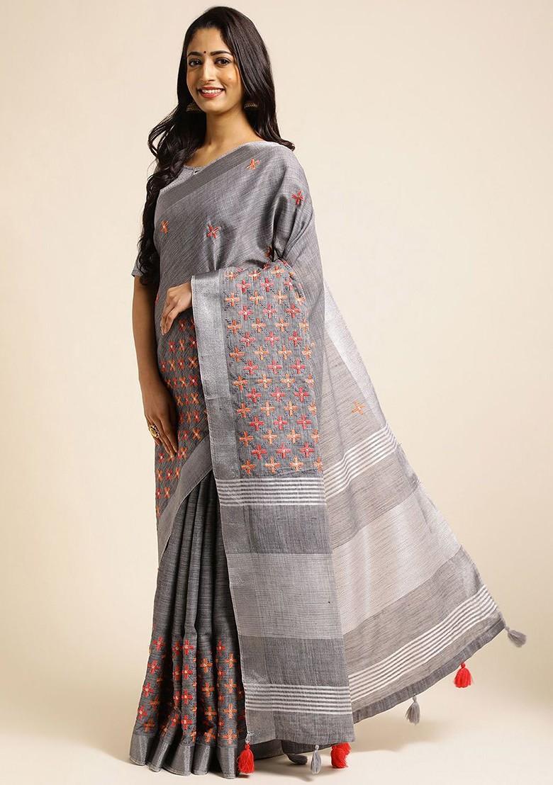 Grey Embroidered Poly Blend Sarees