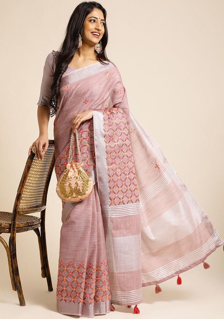 Pink Embroidered Poly Blend Sarees