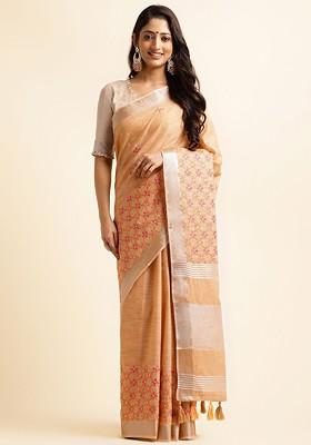 Orange Embroidered Poly Blend Sarees