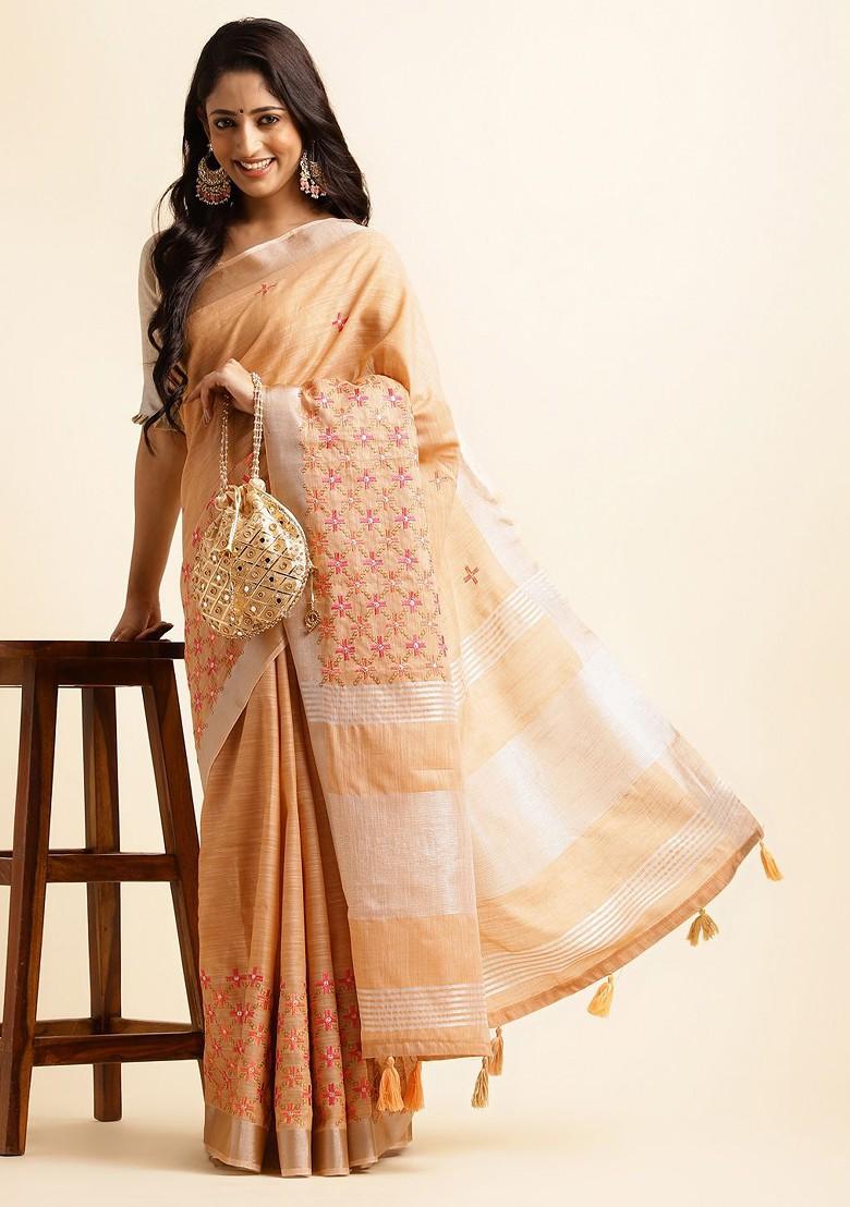 Orange Embroidered Poly Blend Sarees