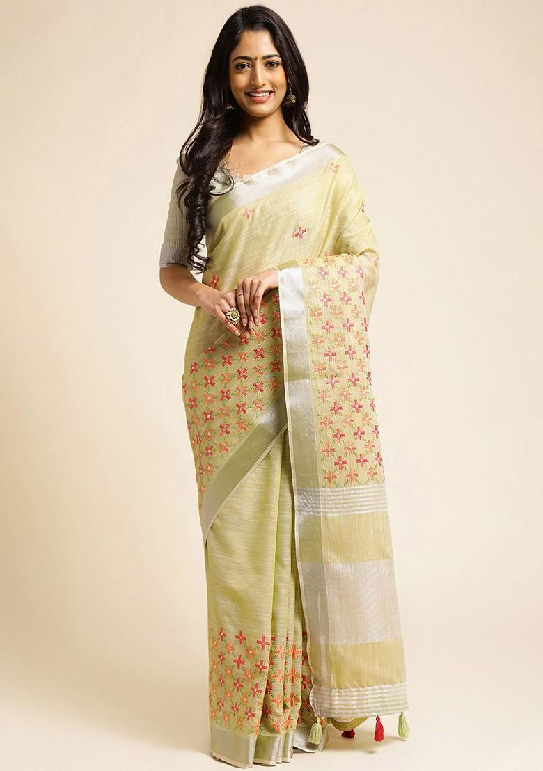 Green Embroidered Poly Blend Sarees