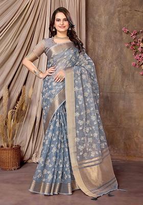 Grey Embroidered Poly Blend Sarees