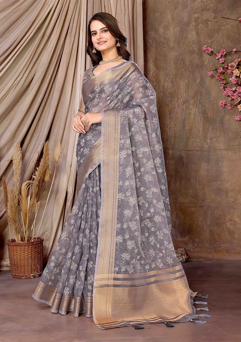 Purple Embroidered Poly Blend Saree Set