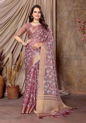 Purple Embroidered Poly Blend Saree Set