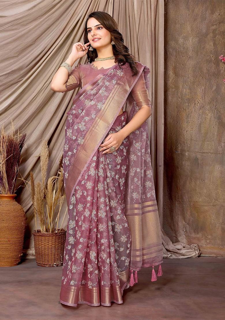 Purple Embroidered Poly Blend Saree Set