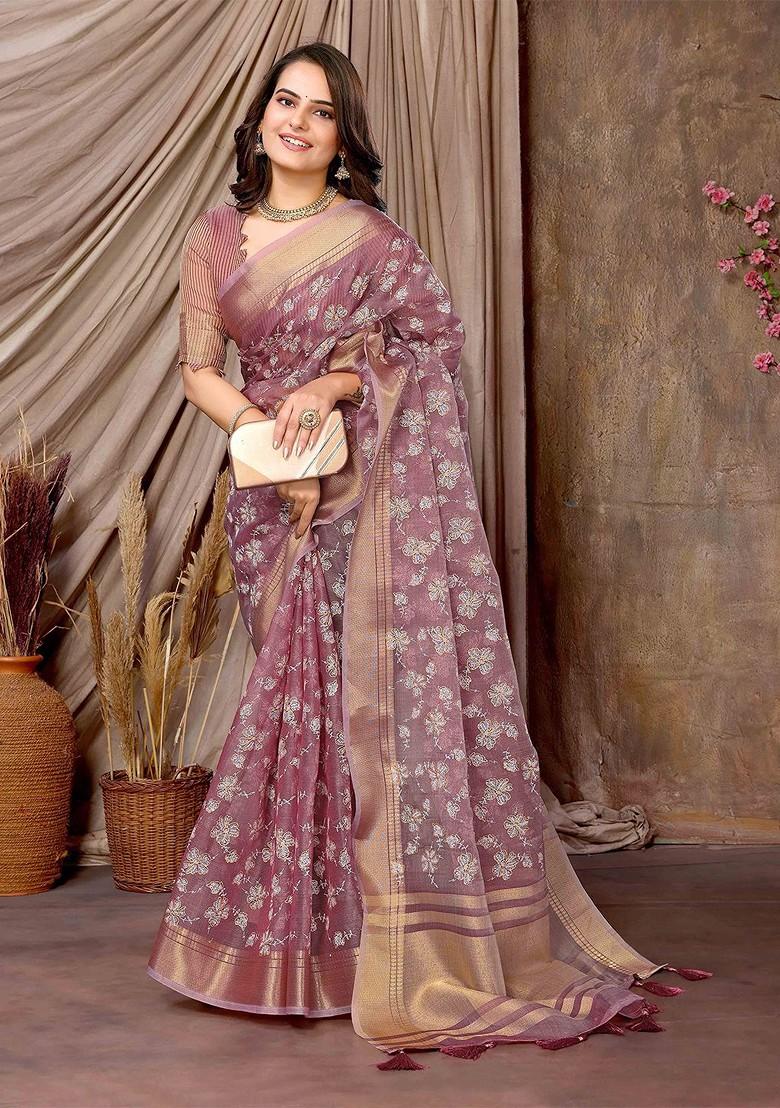 Purple Embroidered Poly Blend Saree Set