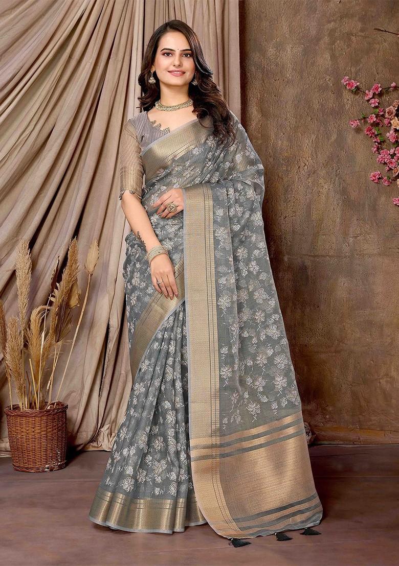 Olive Green Embroidered Poly Blend Saree Set