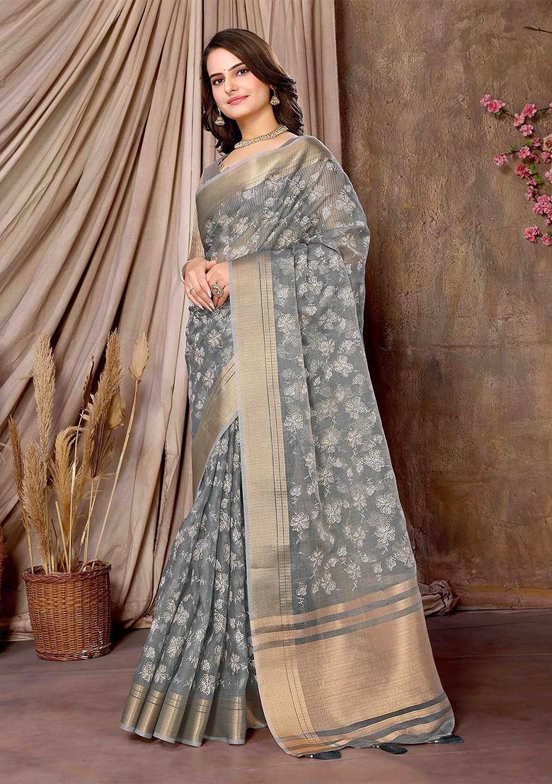 Olive Green Embroidered Poly Blend Saree Set