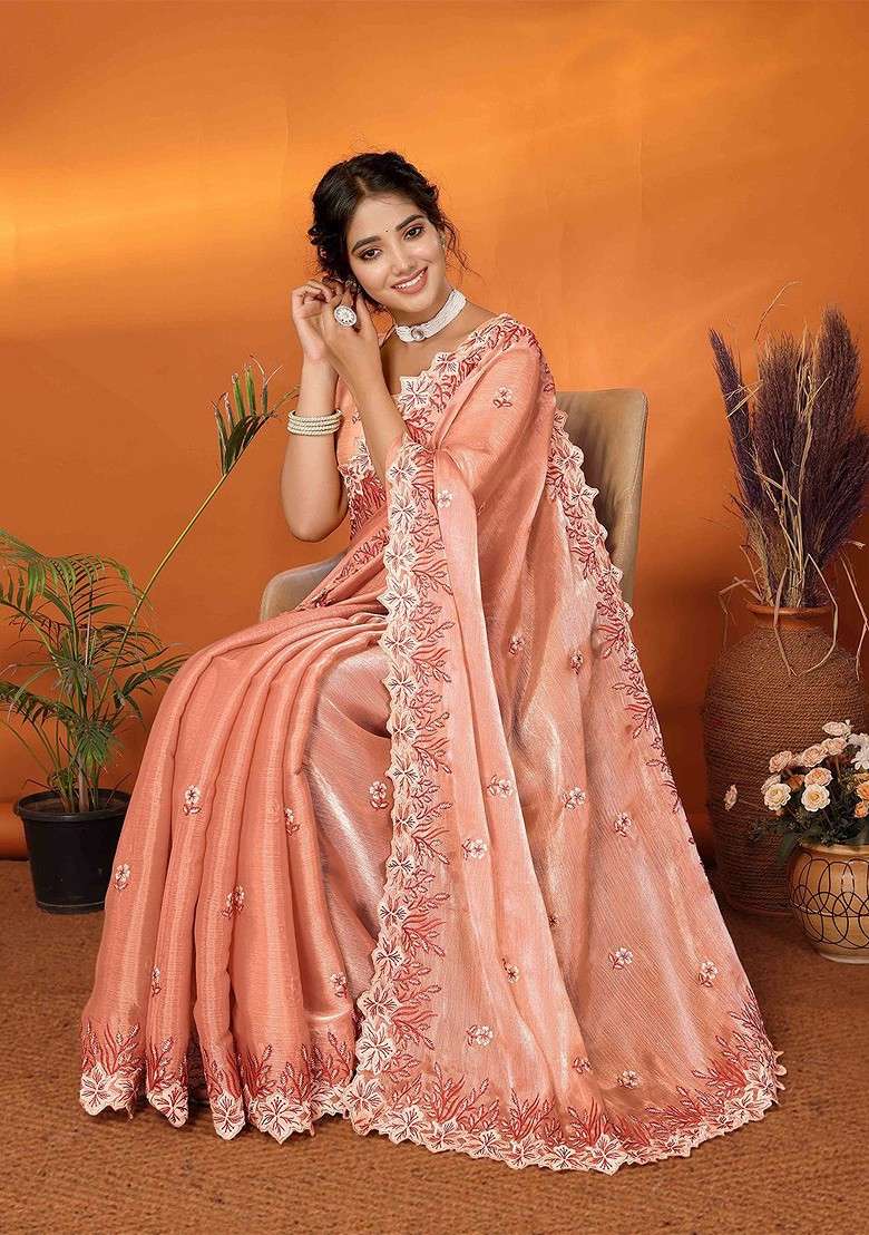 Orange Embroidered Poly Blend Saree Set - Indya