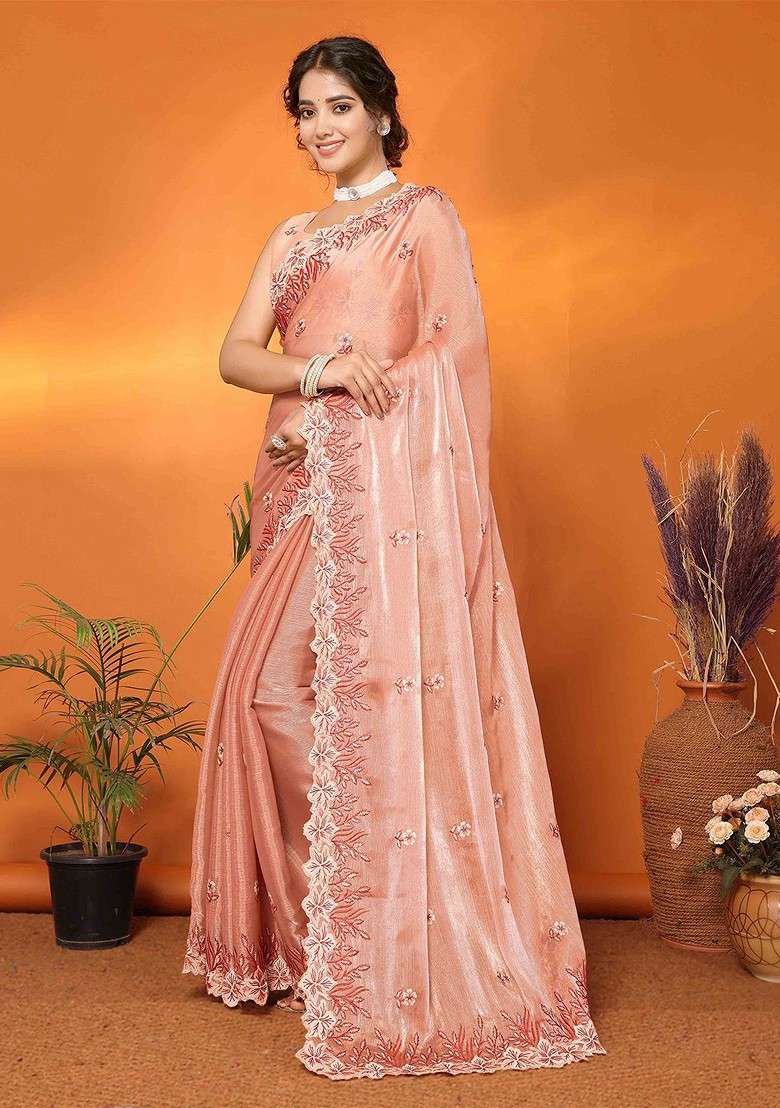 Orange Embroidered Poly Blend Saree Set - Indya