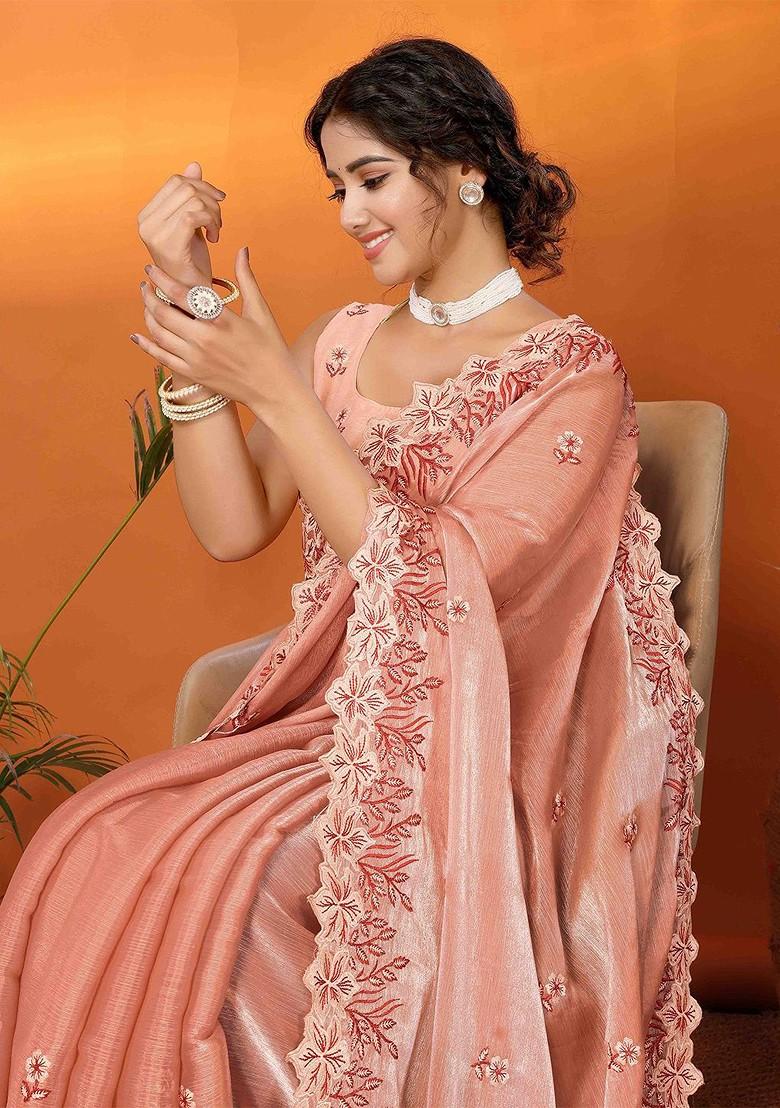 Orange Embroidered Poly Blend Saree Set