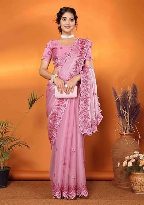 Pink Embroidered Poly Blend Saree Set
