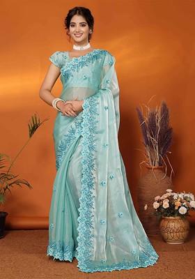Blue Embroidered Poly Blend Saree Set