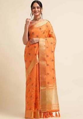 Orange Embroidered Poly Blend Saree Set