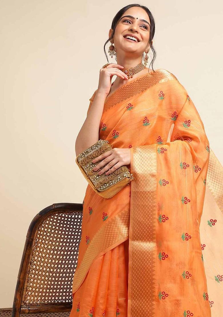 Orange Embroidered Poly Blend Saree Set
