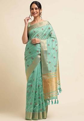 Blue Embroidered Poly Blend Saree Set