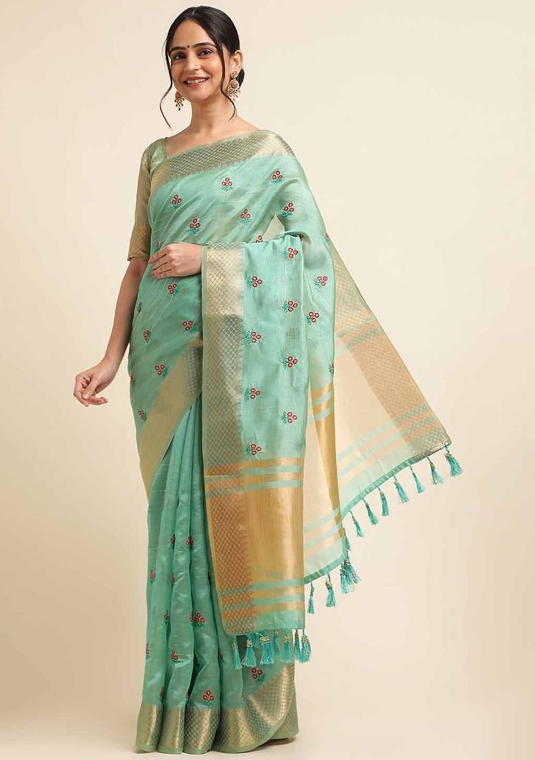 Blue Embroidered Poly Blend Saree Set