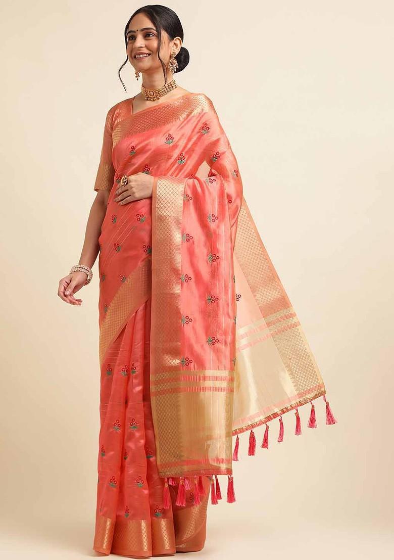Red Embroidered Poly Blend Saree Set