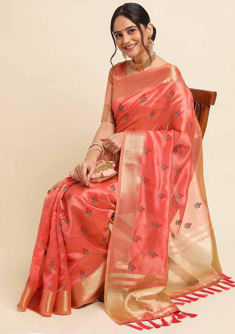 Red Embroidered Poly Blend Saree Set