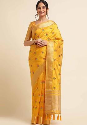 Yellow Embroidered Poly Blend Saree Set