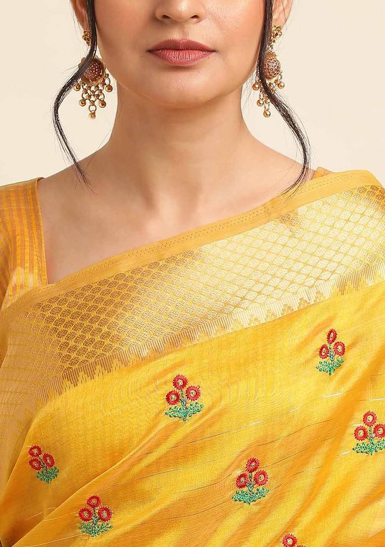 Yellow Embroidered Poly Blend Saree Set