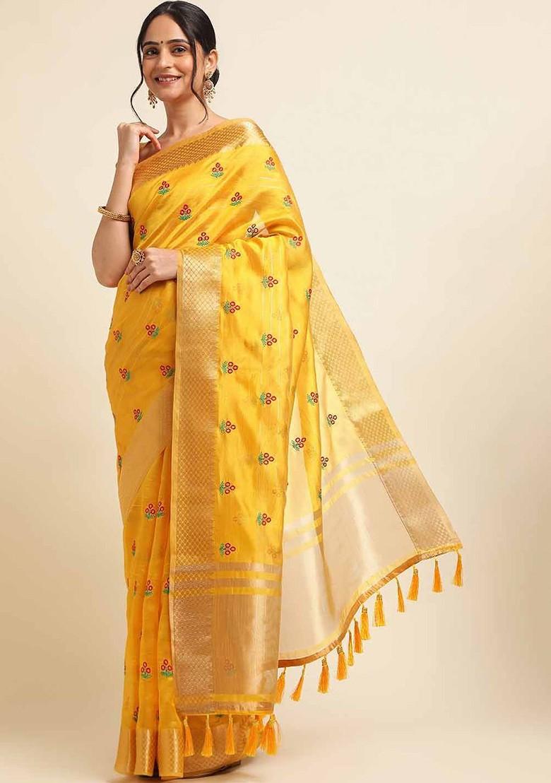 Yellow Embroidered Poly Blend Saree Set
