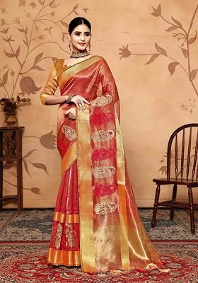 Red Embroidered Poly Blend Saree Set