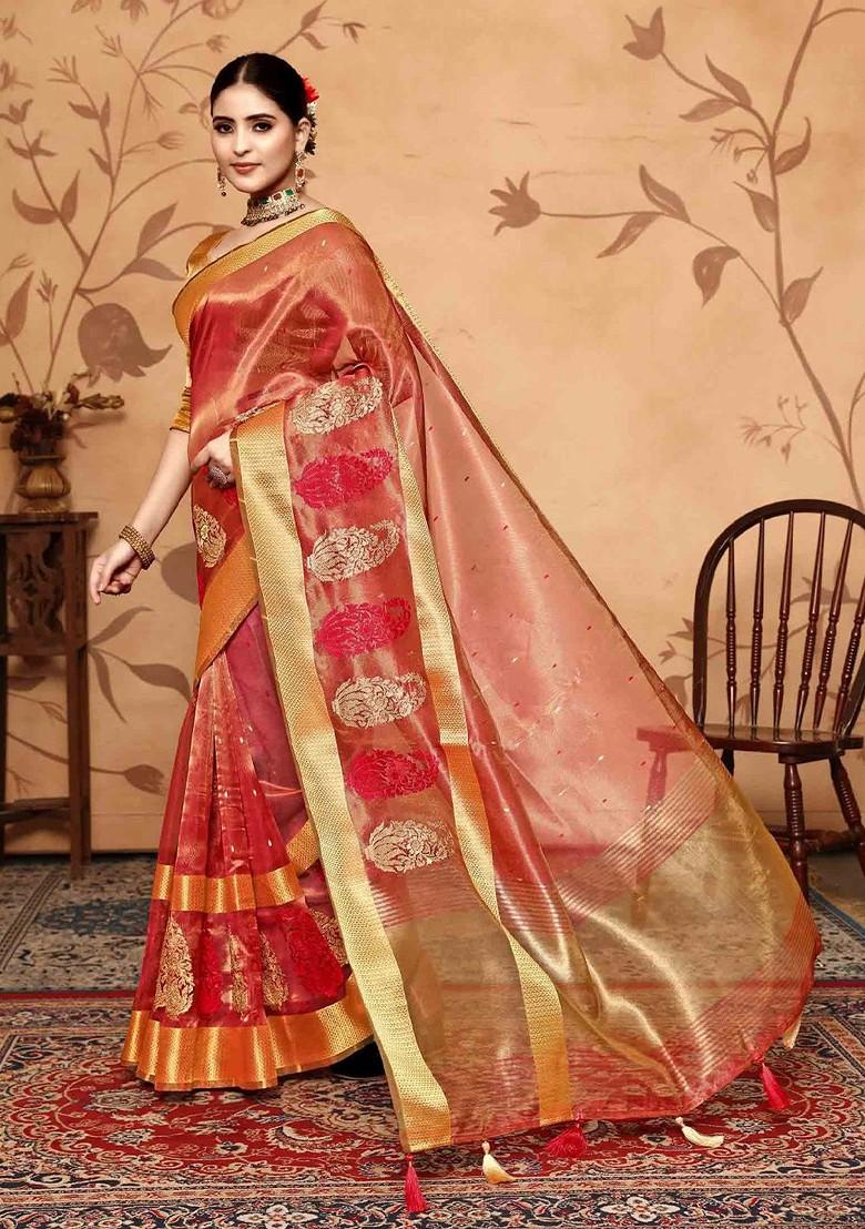 Red Embroidered Poly Blend Saree Set