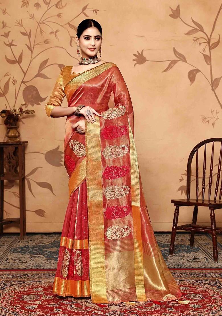 Red Embroidered Poly Blend Saree Set