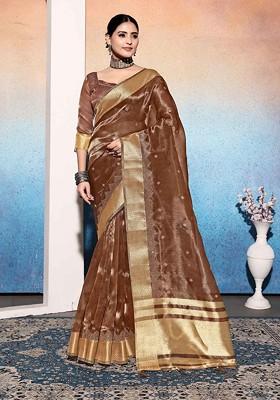 Brown Embroidered Poly Blend Saree Set