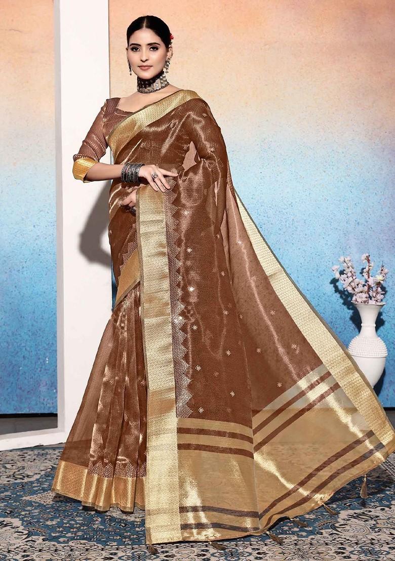 Brown Embroidered Poly Blend Saree Set