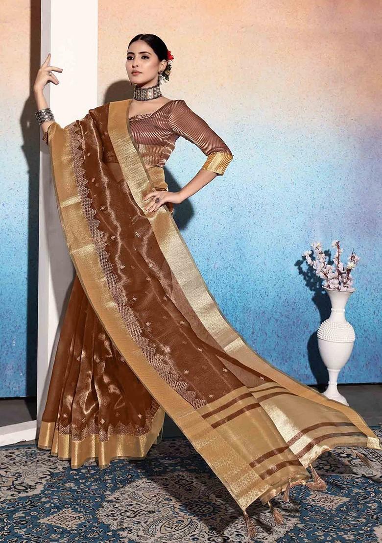 Brown Embroidered Poly Blend Saree Set