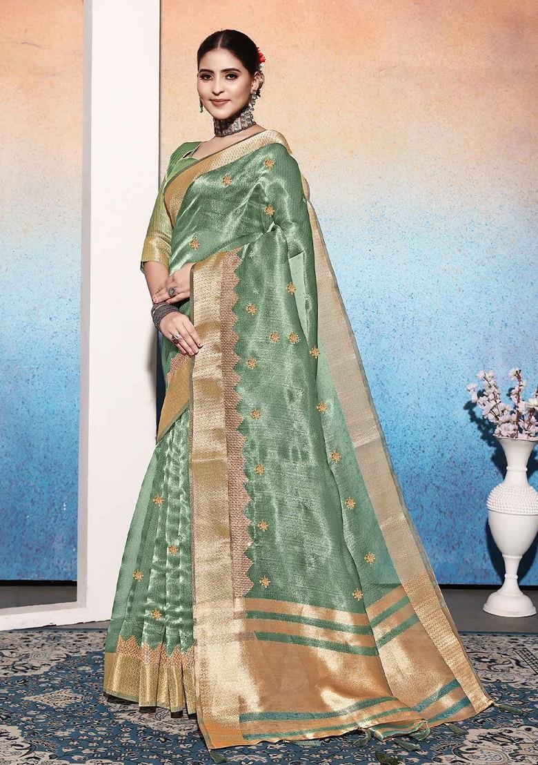 Green Embroidered Poly Blend Saree Set