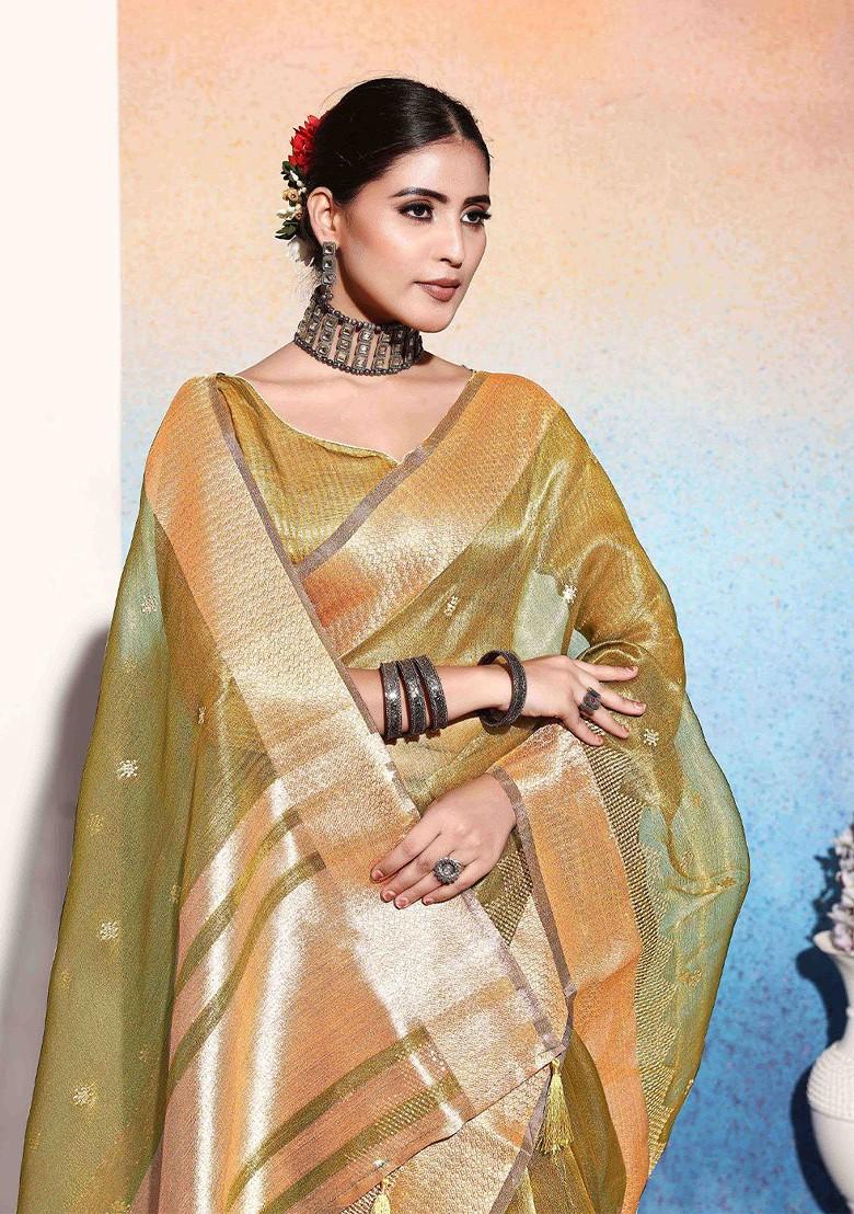 Yellow Embroidered Poly Blend Saree Set