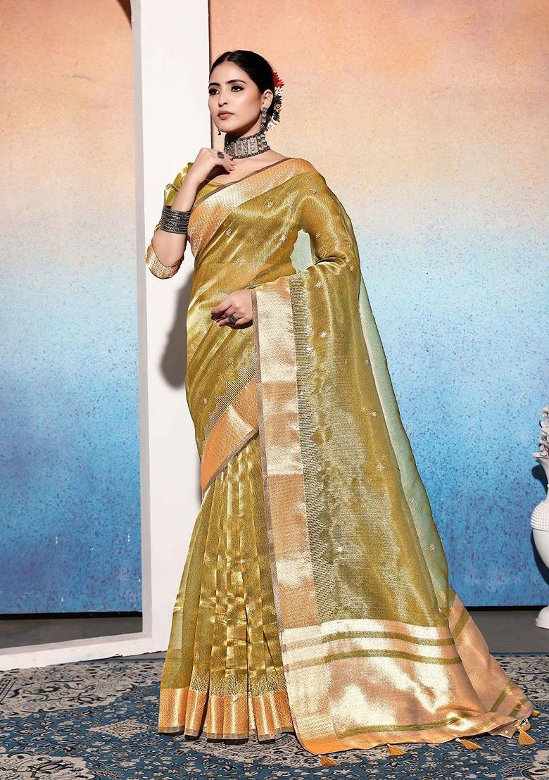 Yellow Embroidered Poly Blend Saree Set