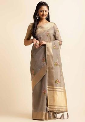 Grey Embroidered Poly Blend Saree Set