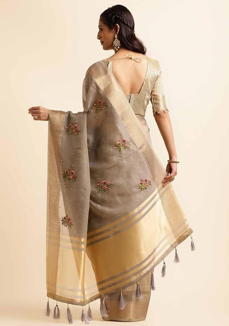 Grey Embroidered Poly Blend Saree Set