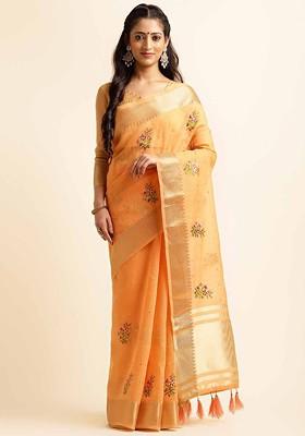 Orange Embroidered Poly Blend Saree Set