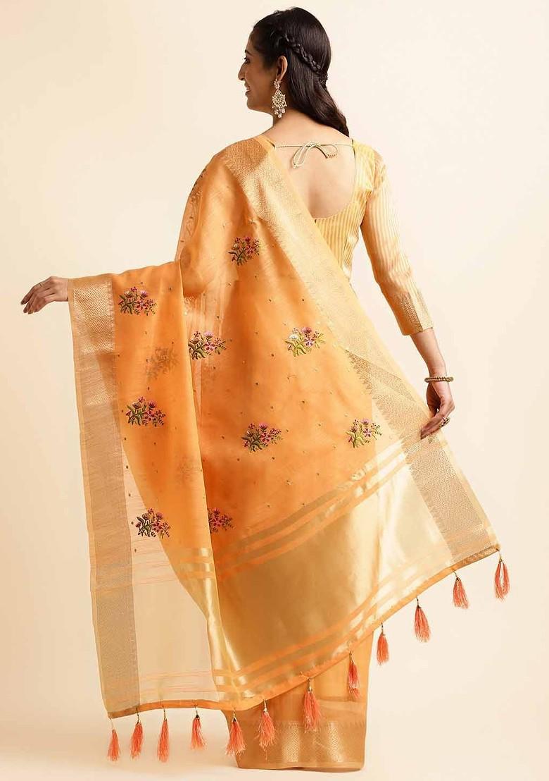 Orange Embroidered Poly Blend Saree Set