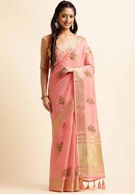 Pink Embroidered Poly Blend Saree Set