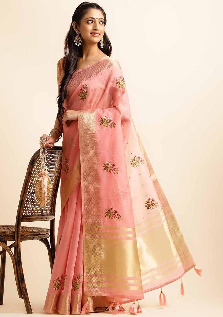 Pink Embroidered Poly Blend Saree Set