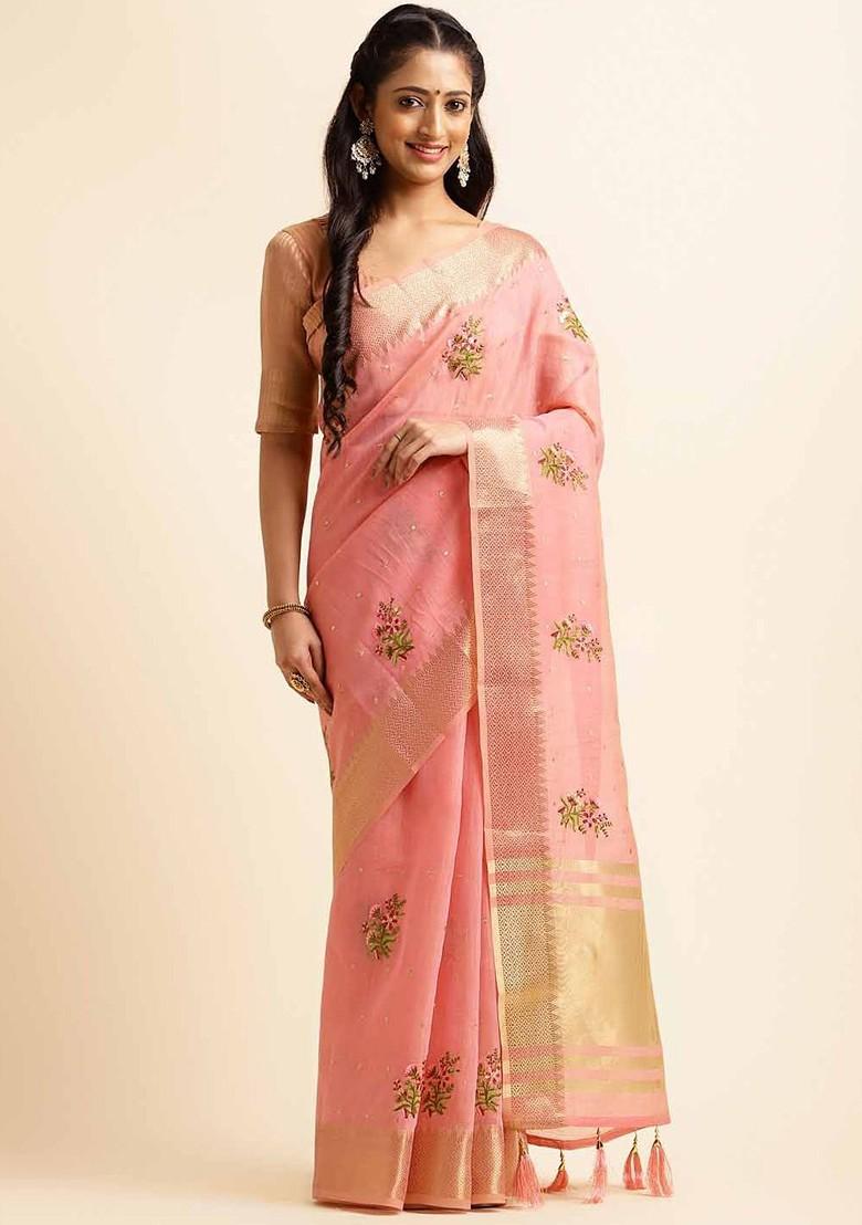 Pink Embroidered Poly Blend Saree Set