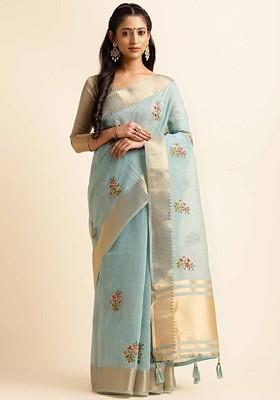 Blue Embroidered Poly Blend Saree Set