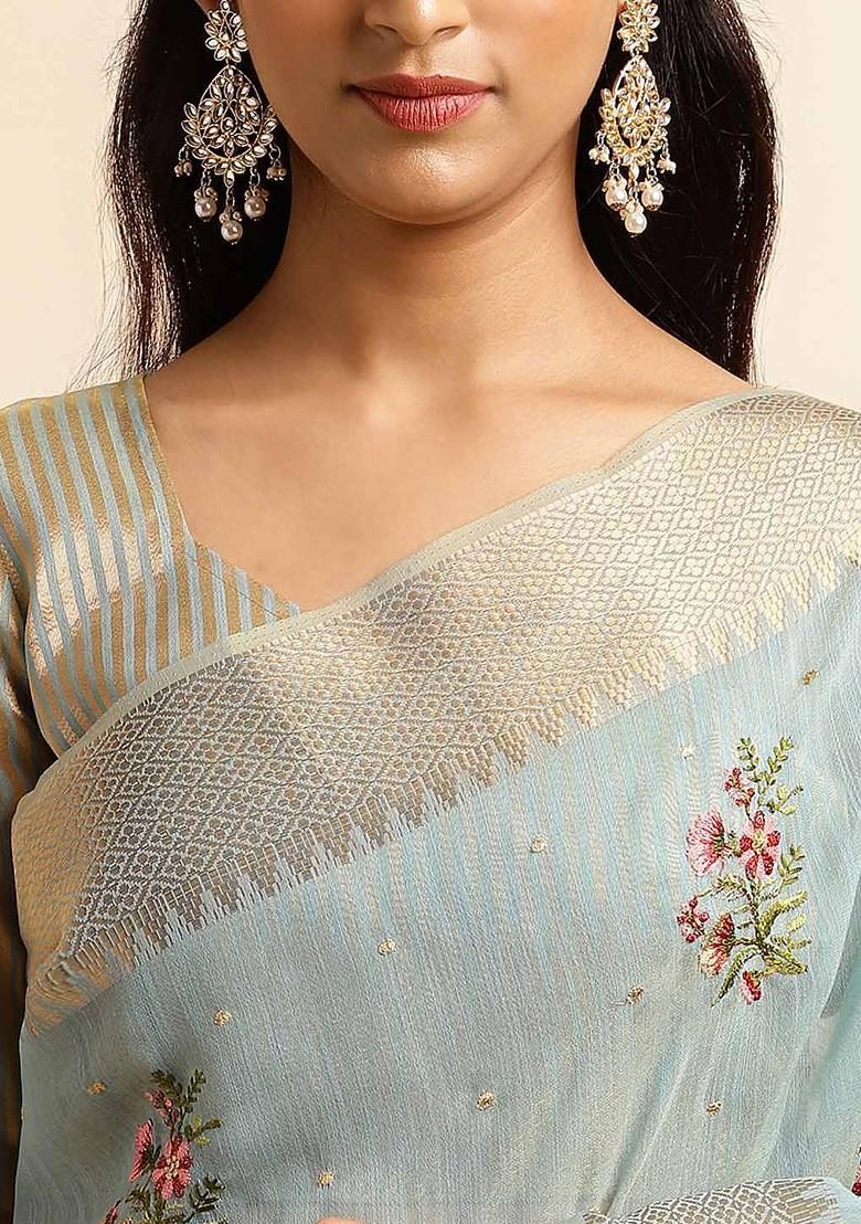 Blue Embroidered Poly Blend Saree Set