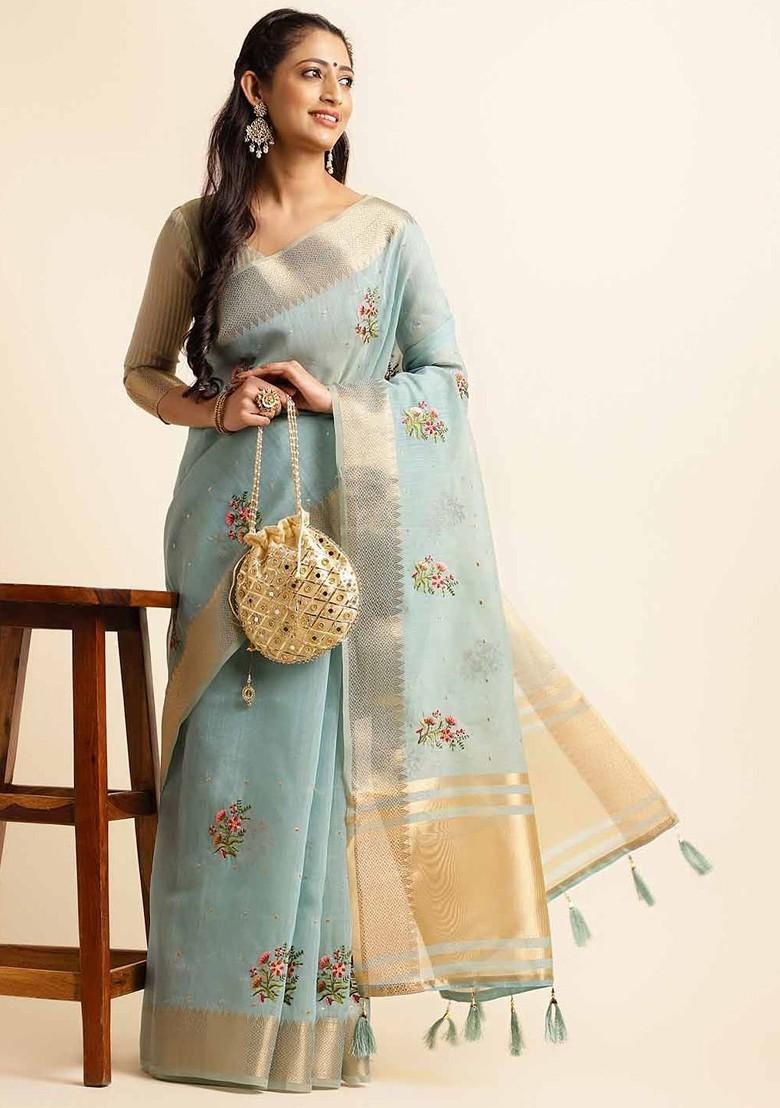 Blue Embroidered Poly Blend Saree Set